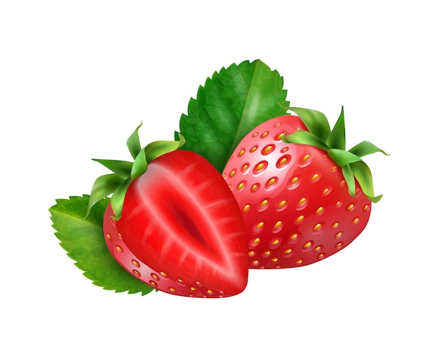 Composition réaliste de baies avec image isolée de fraise avec des feuilles mûres sur illustration vectorielle fond blanc