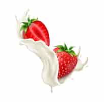 Vecteur gratuit composition réaliste de baies de yaourt au lait avec des éclaboussures de liquide blanc et illustration vectorielle de fraise mûre