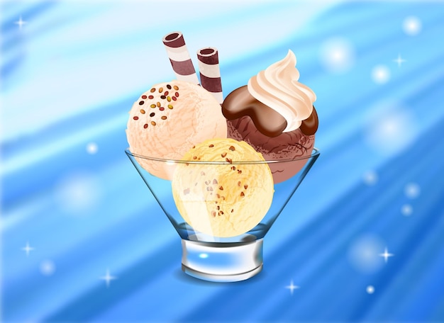 Vecteur gratuit composition réaliste de crème glacée avec fond abstrait et vue sur un plat transparent avec des boules de glace bâtons illustration vectorielle