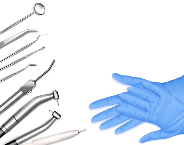 Composition réaliste du cabinet stomatologique avec les mains des médecins dentaires dans les gants et des images isolées de l'illustration des outils des dentistes