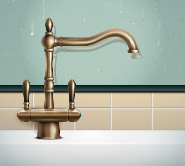 Vecteur gratuit composition réaliste du robinet avec vue sur le mur de la salle de bain et image du robinet en bronze de style classique vintage