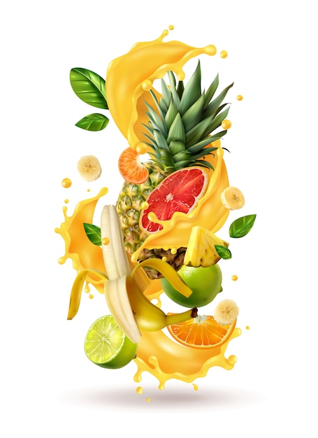 Composition réaliste d'éclaboussure de jus de ftuiys avec des images de pulvérisation et des fruits tropicaux mûrs sur blanc