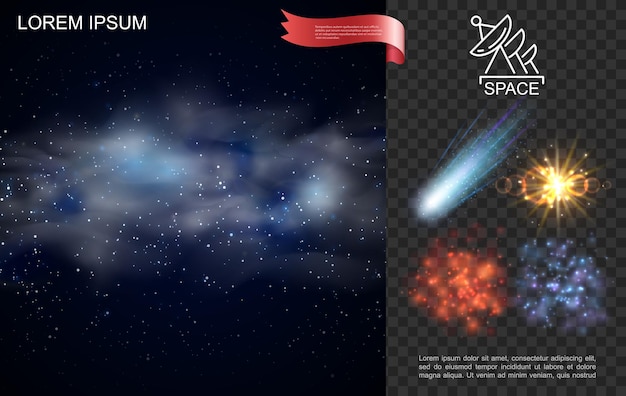 Composition réaliste de l'espace extra-atmosphérique avec des étoiles nébuleuse bleue tombant des effets d'étincelle et de lumière du soleil