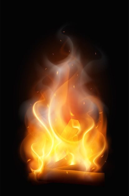 Composition réaliste de flamme de feu de camp avec vertical coloré de fil avec illustration de fumée