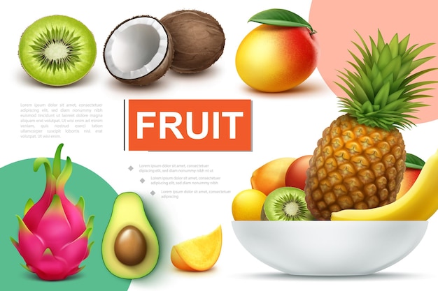 Vecteur gratuit composition réaliste de fruits naturels avec bol d'ananas banane kiwi mangue kumquat avocat noix de coco dragonfruit