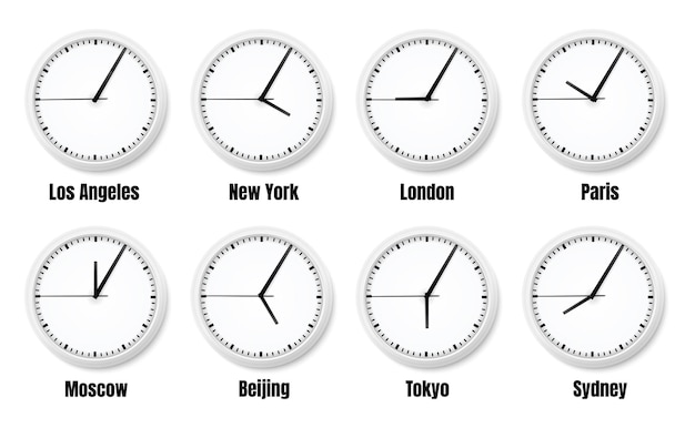 Vecteur gratuit composition réaliste des fuseaux horaires de l'horloge de bureau avec des horloges indiquant l'heure autour du monde illustration vectorielle isolée