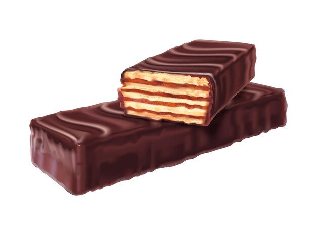 Composition réaliste de gaufrettes avec image de gaufrettes recouvertes de glaçage au chocolat sur illustration vectorielle fond blanc