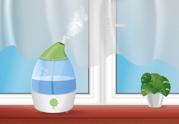 Humidificateur Rectangulaire Avec Affichage Numérique Et Plantes  D'intérieur En Pot.