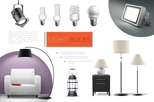 Composition réaliste de lampes et d'ampoules avec des projecteurs, des lampadaires, des lanternes et des ampoules fluorescentes