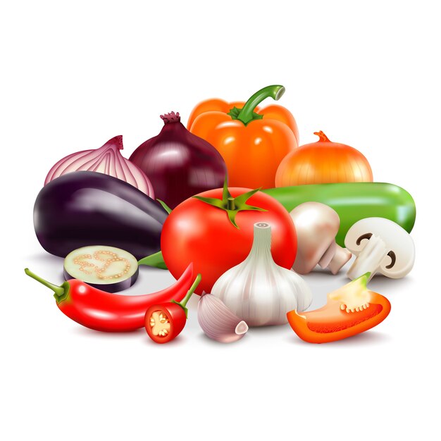 Composition réaliste de légumes sur fond blanc avec tomate oignon aubergine piment doux