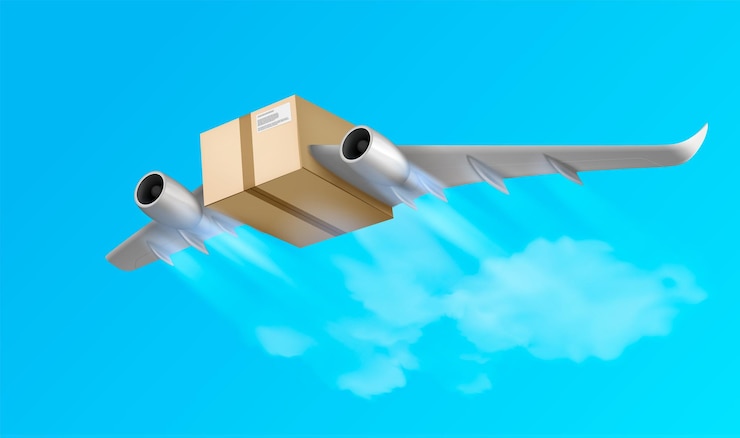 Vecteur gratuit composition réaliste de livraison d'air de boîte volante avec image conceptuelle de colis volant avec illustration vectorielle d'ailes d'avion