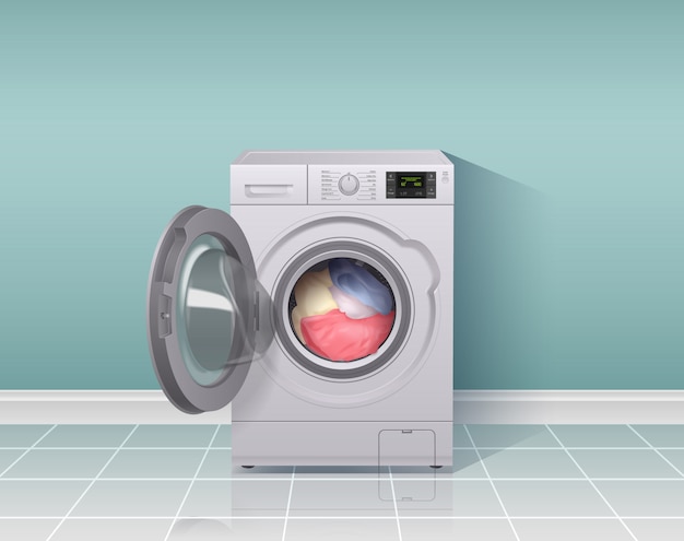 Composition réaliste de machine à laver avec illustration de symboles d'équipement de ménage