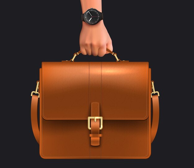 Composition réaliste de la main de l'homme de sac d'affaires avec l'image de la main masculine avec illustration vectorielle de montre-bracelet et mallette en cuir