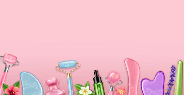 Composition réaliste de massage gua sha avec rouleaux et grattoirs en pierre naturelle et sérum cosmétique sur illustration vectorielle fond rose