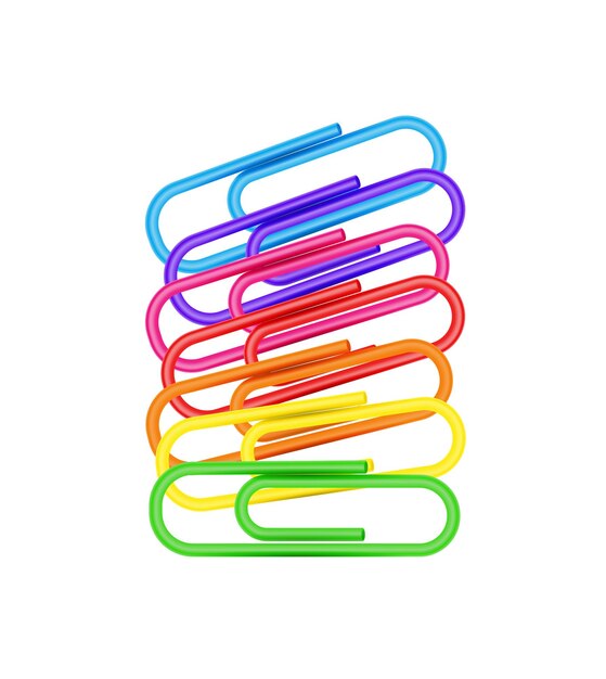 Composition réaliste de papeterie avec image isolée de trombones colorés sur illustration vectorielle fond blanc