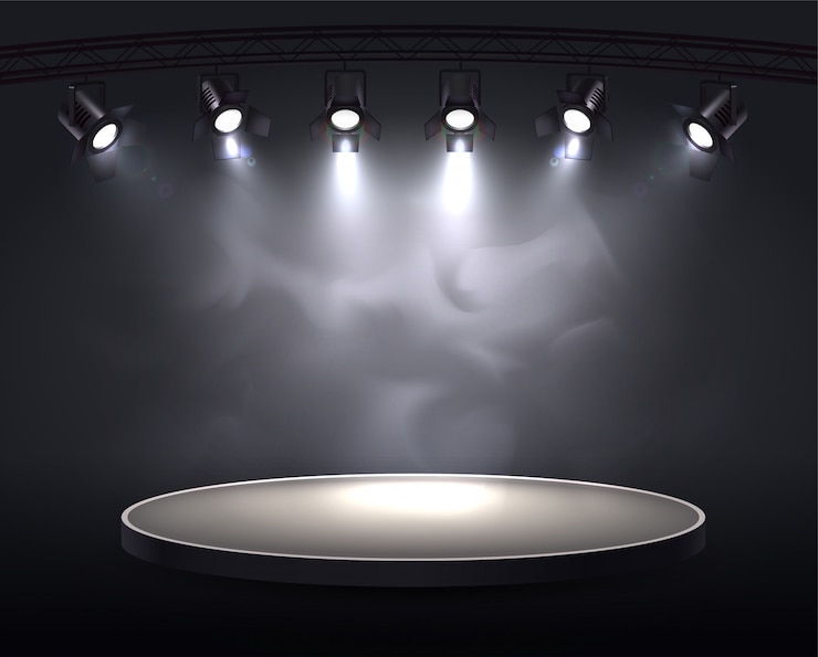 Vecteur gratuit composition réaliste des projecteurs avec un tracé rond mis en évidence par six spots projetant une lumière vive à travers la fumée