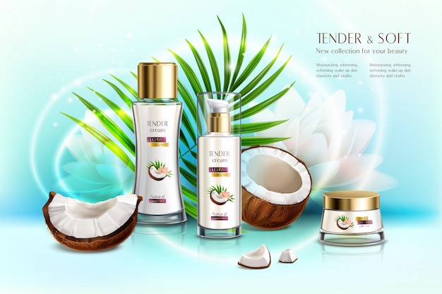 Vecteur gratuit composition réaliste de promotion de produits de beauté cosmétiques cosmétiques à la noix de coco avec crème pour le corps et lotion anti-âge