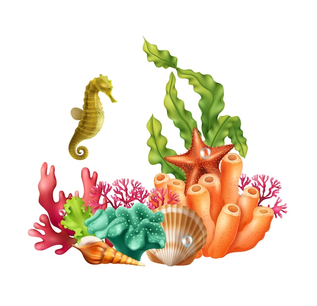 Vecteur gratuit composition réaliste sous-marine composée d'illustration vectorielle de créatures d'algues de corail d'étoile de mer de coquille d'hippocampe