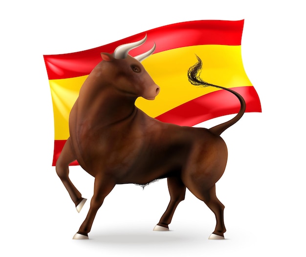 Vecteur gratuit composition réaliste de taureau de couleur avec vue isolée de l'animal à cornes devant l'illustration vectorielle du drapeau national espagnol