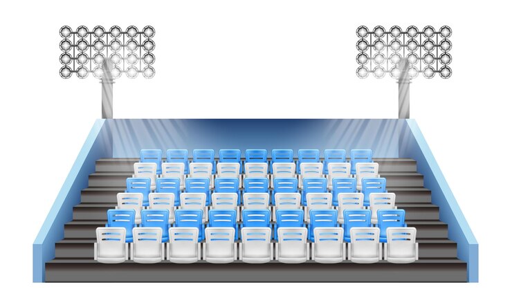 Vecteur gratuit composition réaliste de la tribune du stade avec vue de face isolée du secteur de l'arène avec des rangées de sièges vides illustration vectorielle