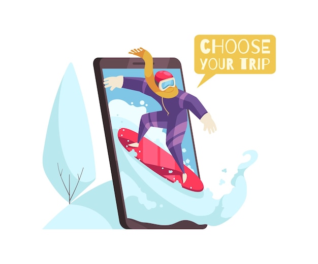 Composition de réservation de voyage avec smartphone et homme sur illustration de snowboard