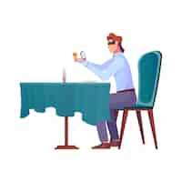 Vecteur gratuit composition romantique de connaissance avec l'homme à la table du restaurant tenant un smartphone avec les yeux bandés