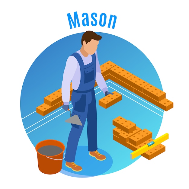 Composition Ronde Décorative Isométrique De L'artisan Avec Maçon Posant Des Briques Avec Du Ciment à La Truelle Et Du Niveau