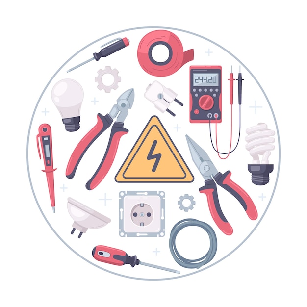 Composition ronde de dessin animé d'électricien avec des images isolées d'outils manuels prises de courant et illustration vectorielle de signe de tension