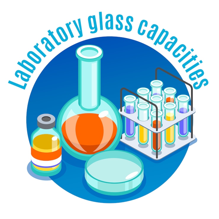 Vecteur gratuit composition ronde isométrique de microbiologie avec titre de laboratoire en verre et illustration de différents éléments d'herbe