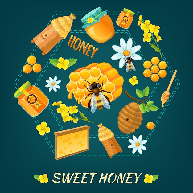 Vecteur gratuit composition ronde de miel avec des thèmes de fleurs et d'abeilles de miel vector illustration