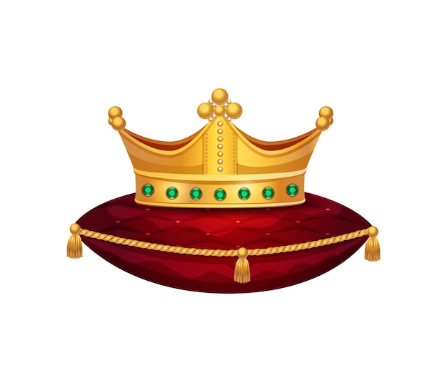 Composition Royale De Couronne D'or Avec L'image D'isolement De La Couronne Sur L'oreiller Rouge De Velours