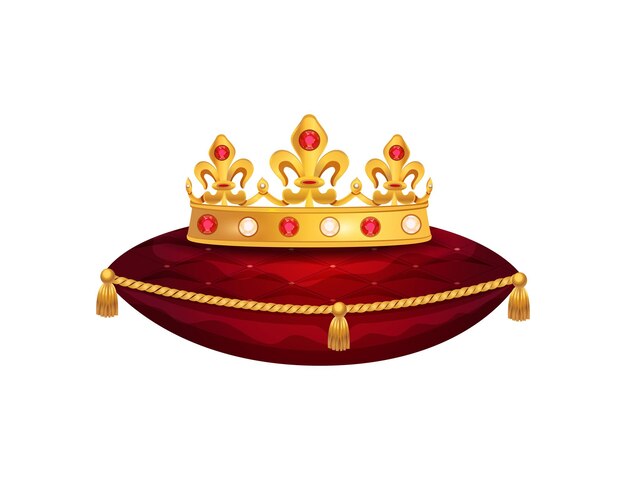 Composition royale de couronne d'or avec l'image d'isolement de la couronne sur l'oreiller rouge de velours