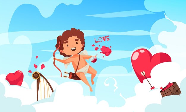 Composition de la Saint-Valentin Cupidon de l'amour avec le caractère de l'amoretto volant parmi les nuages coeurs rouges et harpe