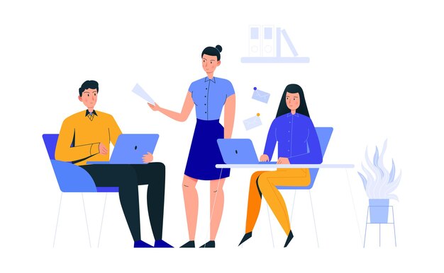 Composition de scènes de bureau avec une employée assignant des tâches de travail à des collègues