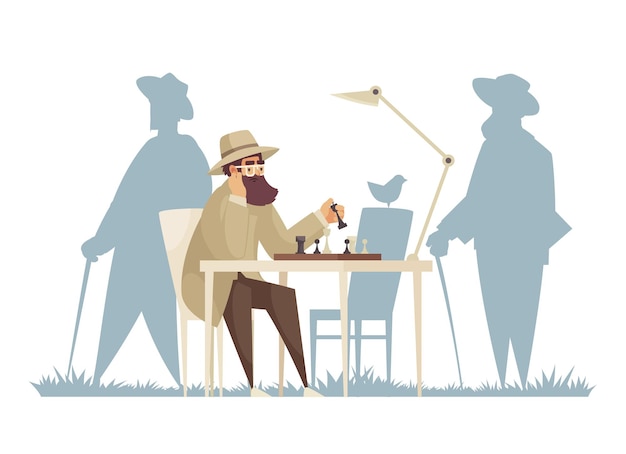 Vecteur gratuit composition solitaire avec caractère de vieil homme assis à la table d'échecs seul avec des silhouettes de personnes illustration vectorielle