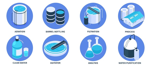 Vecteur gratuit composition de la technologie de purification de l'eau isométrique avec des icônes d'analyse de laboratoire de bâtiments d'usine d'embouteillage de barils et illustration vectorielle d'aération