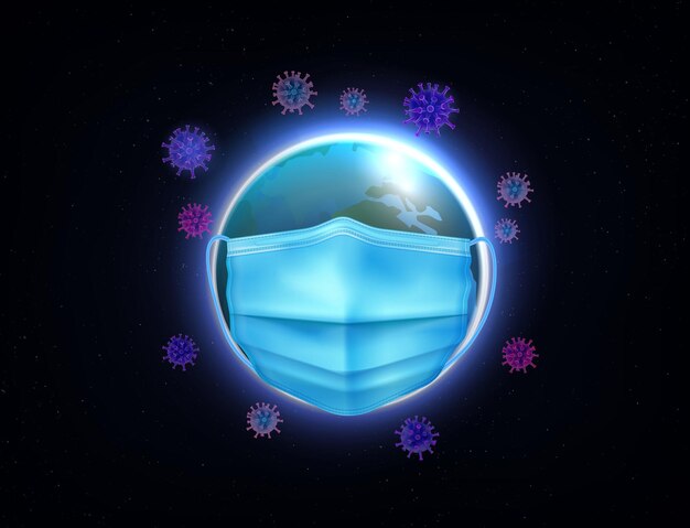 Composition de la terre pandémique avec une bulle de globe terrestre réaliste portant un masque de protection entouré d'icônes de virus volants illustration vectorielle