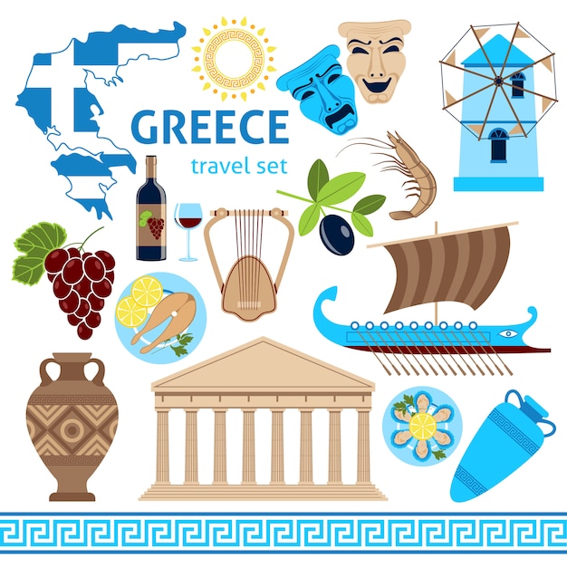 Composition Touristique Grèce Symboles Plat Composition