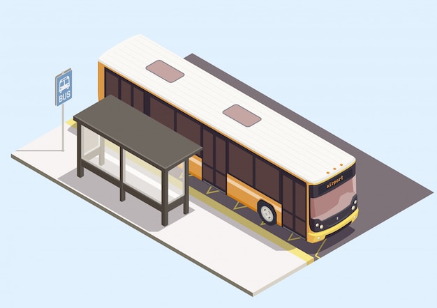 Composition de transport avec bus près de l'arrêt sur fond bleu 3d