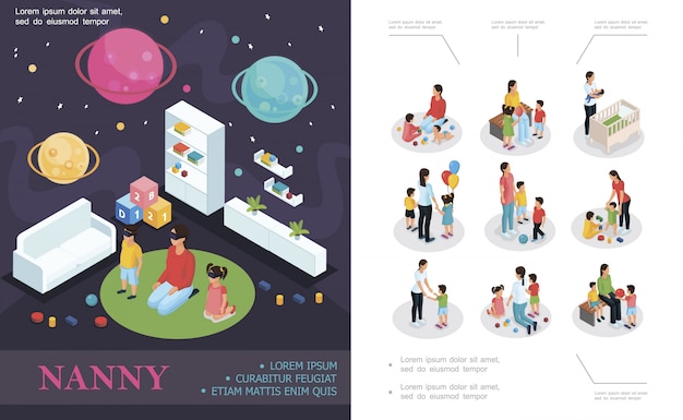 Composition De Travail De Nounou Isométrique Avec Baby-sitter Jouant Avec Des Enfants Dans Une Chambre D'enfant Et Des Enfants Dans Différentes Situations