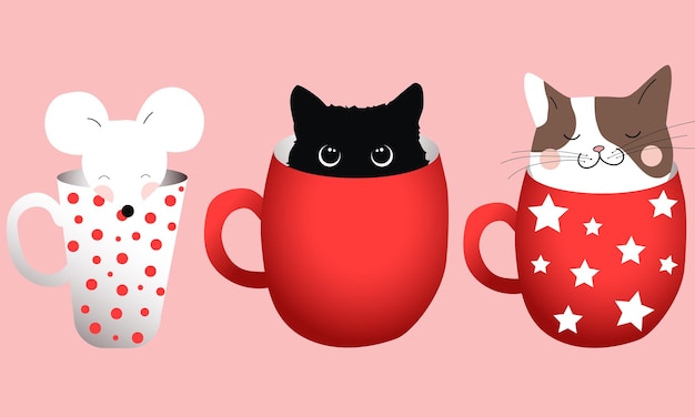 Composition de trois tasses avec des chats et une souris à l'intérieur.