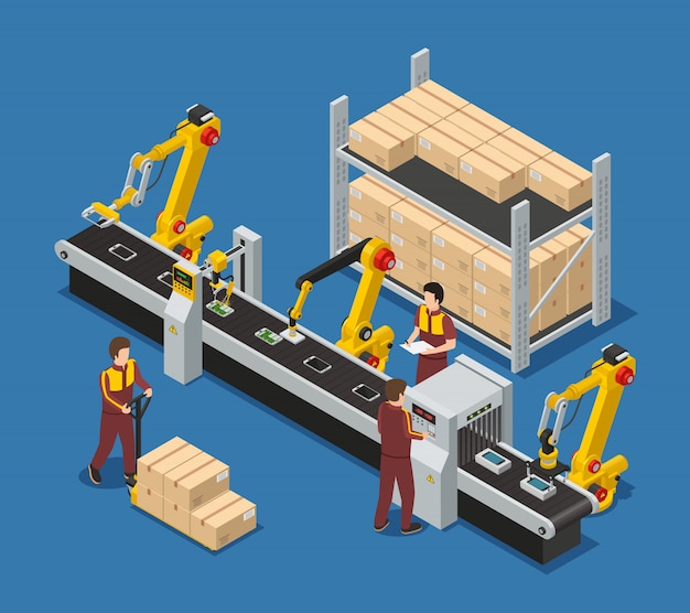 Vecteur gratuit composition d'usine électronique avec ligne de convoyeur robotisée de personnel de téléphones à écran tactile et de boîtes d'emballage