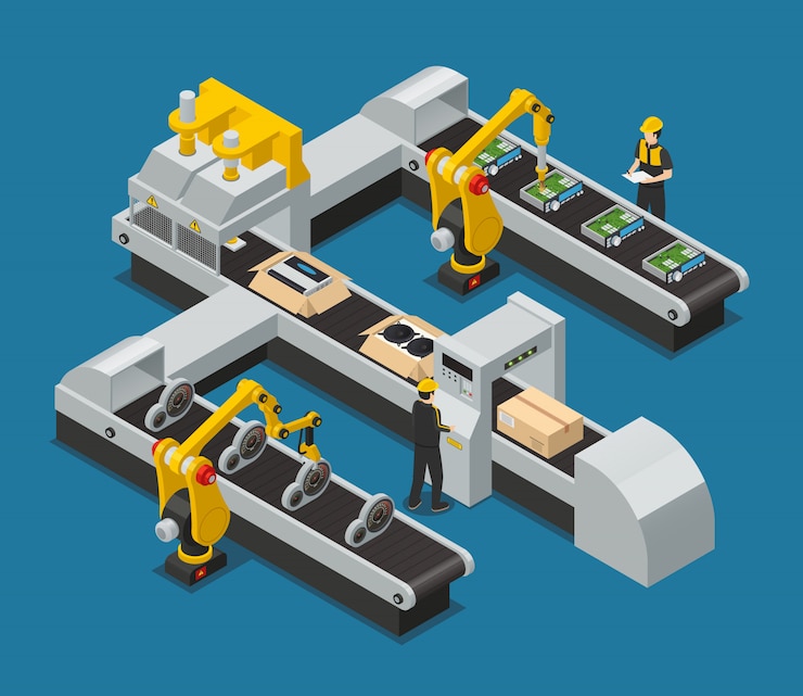 Vecteur gratuit composition d&#39;usine isométrique électronique de voiture électronique coloré avec le processus robotisé dans l&#39;usine