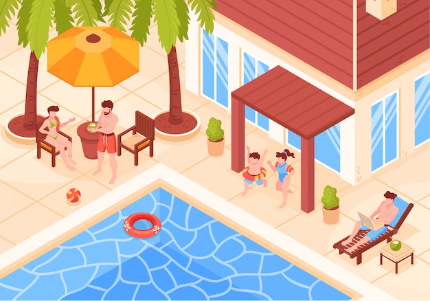 Vecteur gratuit composition de vacances tropiques maison de plage isométrique avec vue sur les bâtiments de villas modernes avec des personnes et illustration vectorielle de piscine