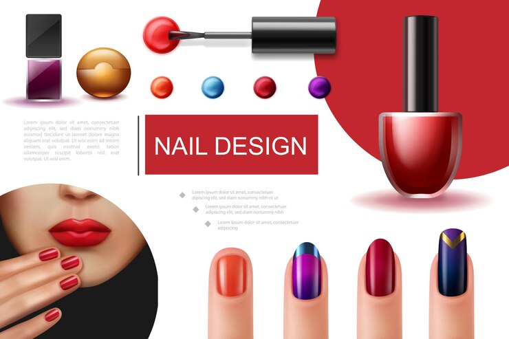 Vecteur gratuit composition de vernis à ongles réaliste avec pinceau bouteilles colorées de laque et doigts féminins avec une belle manucure