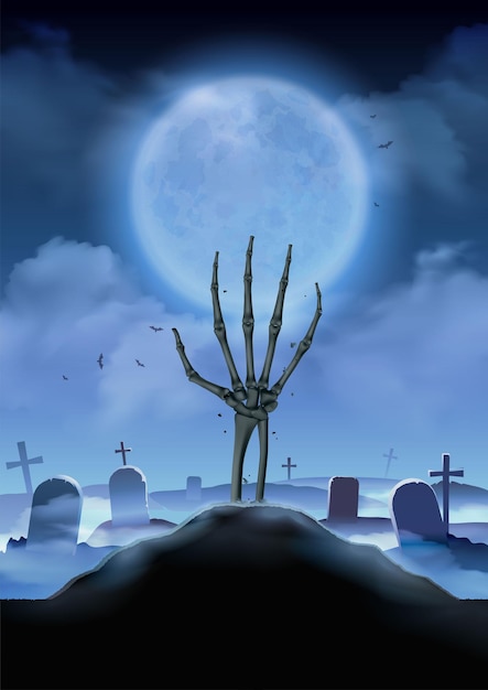 Vecteur gratuit composition verticale réaliste de paysage d'halloween avec paysage de cimetière nocturne et main de squelette s'élevant de l'illustration vectorielle au sol