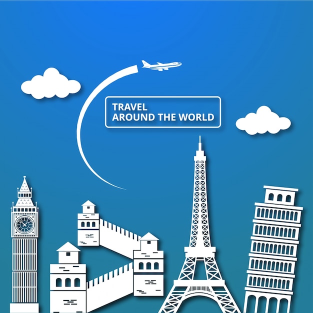 Vecteur gratuit composition de voyage avec des points de repère mondial célèbres travel around the world