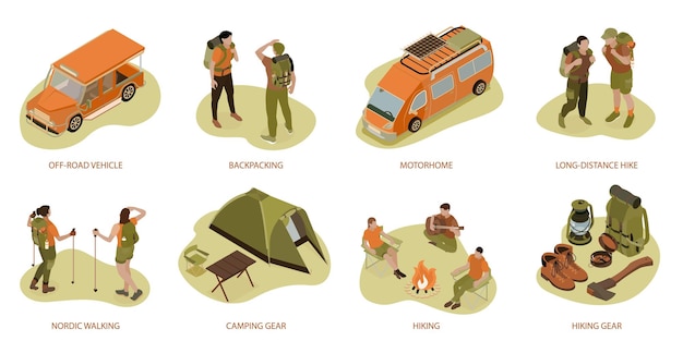 Compositions De Randonnée Isométriques Serties D'images Isolées D'équipement De Randonnée Longue Distance Et D'illustration Vectorielle De Camping-car