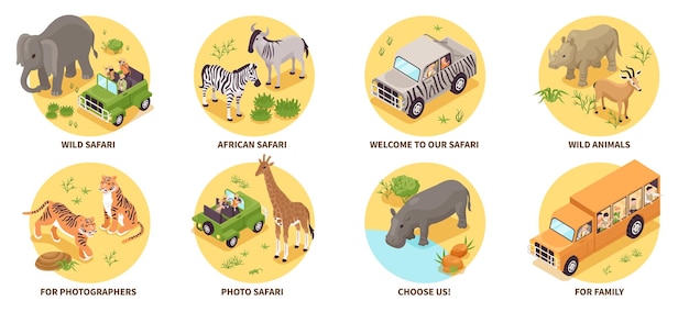 Compositions De Safari Photo Isométrique Sertie De Personnes Voyageant Dans L'illustration Vectorielle Isolée De La Savane