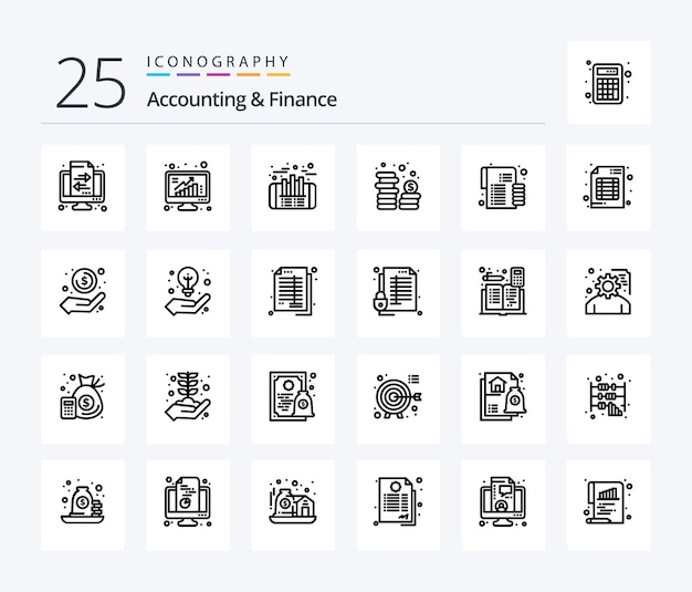 Vecteur gratuit comptabilité et finance 25 pack d'icônes de ligne comprenant des pièces de monnaie de données budgétaires finances